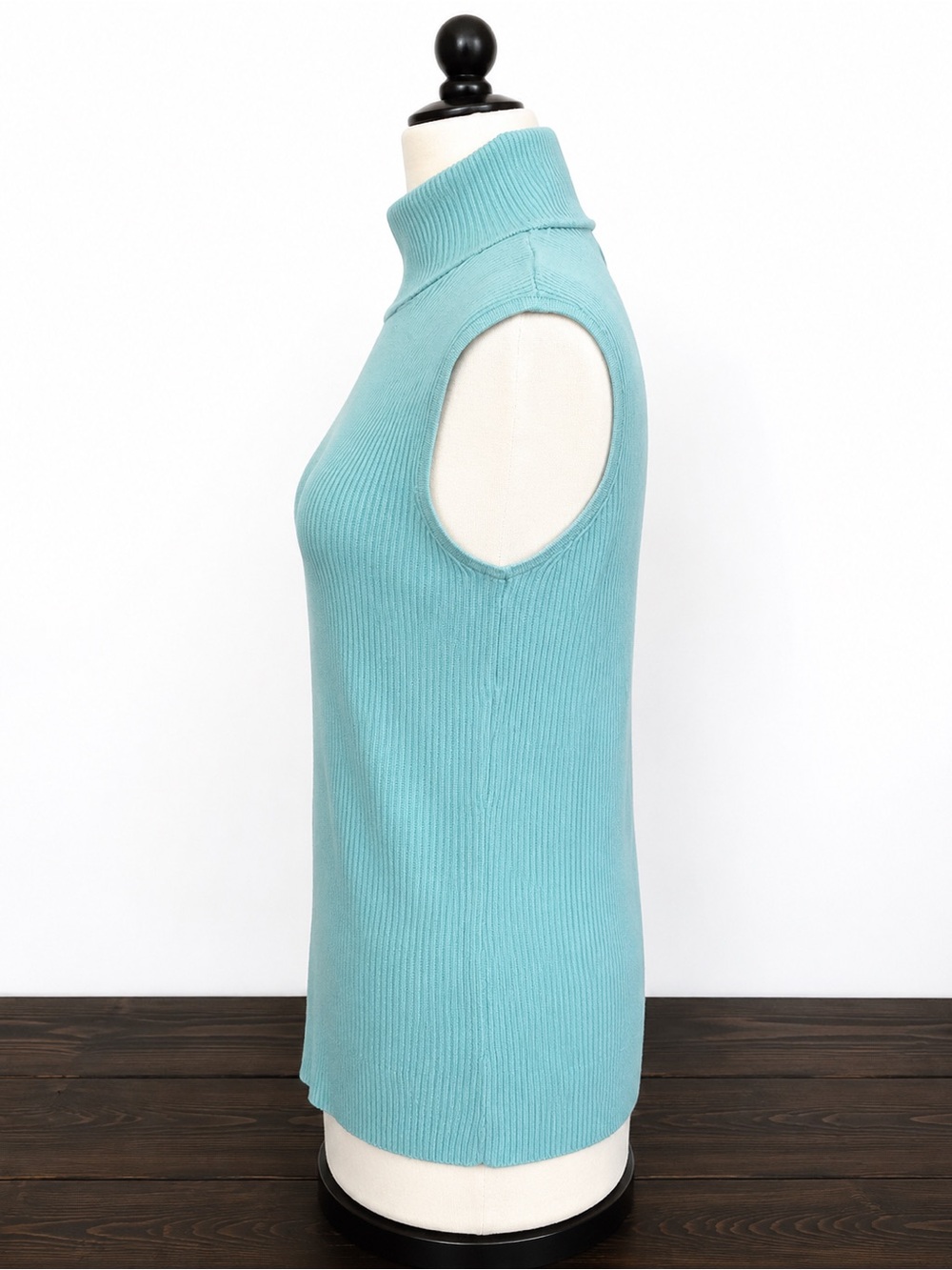 Vintage Y2K Dana Buchman Aqua Blue Ribbed Sleeveless Turtleneck Top L - Picture 3 of 7